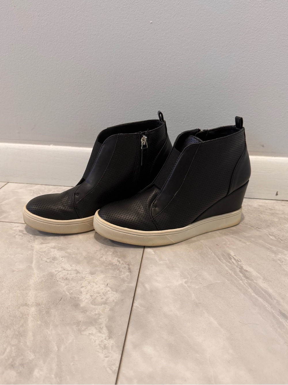 MIA Black Perforated Wedge Sneaker Booties with Cream Sole